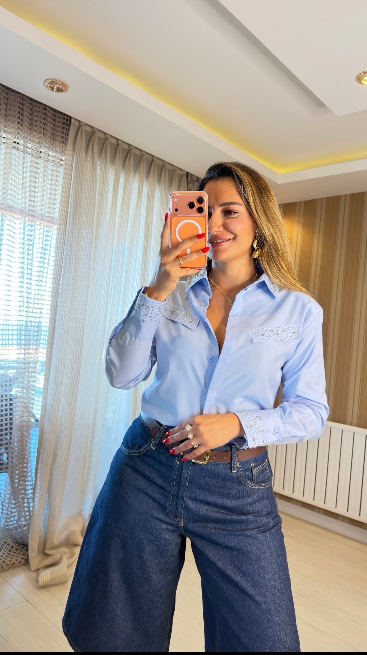 Lumière Taş İşlemeli Gömlek – Mavi
