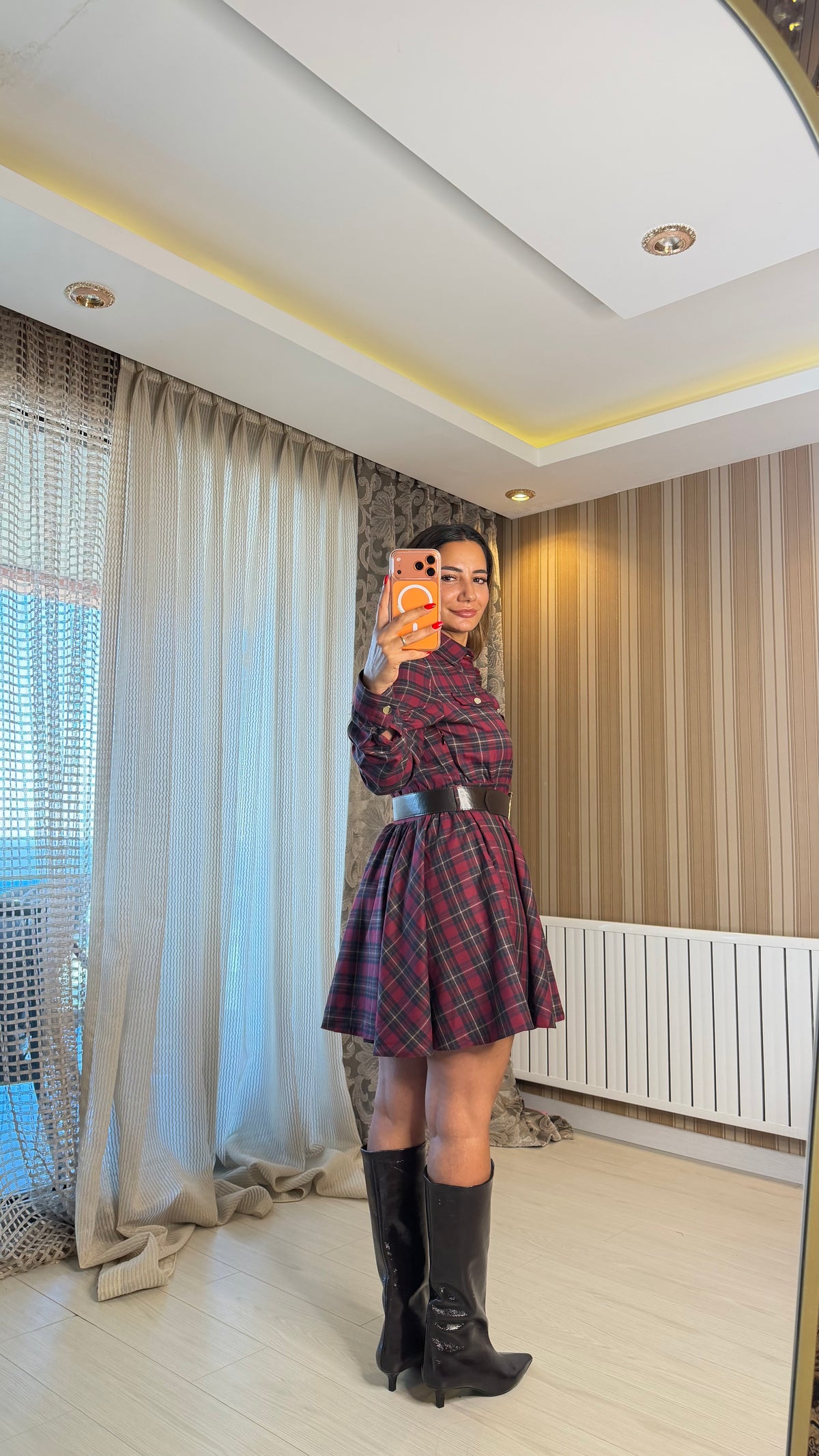 Bordeaux Ekose Kemerli Mini Elbise