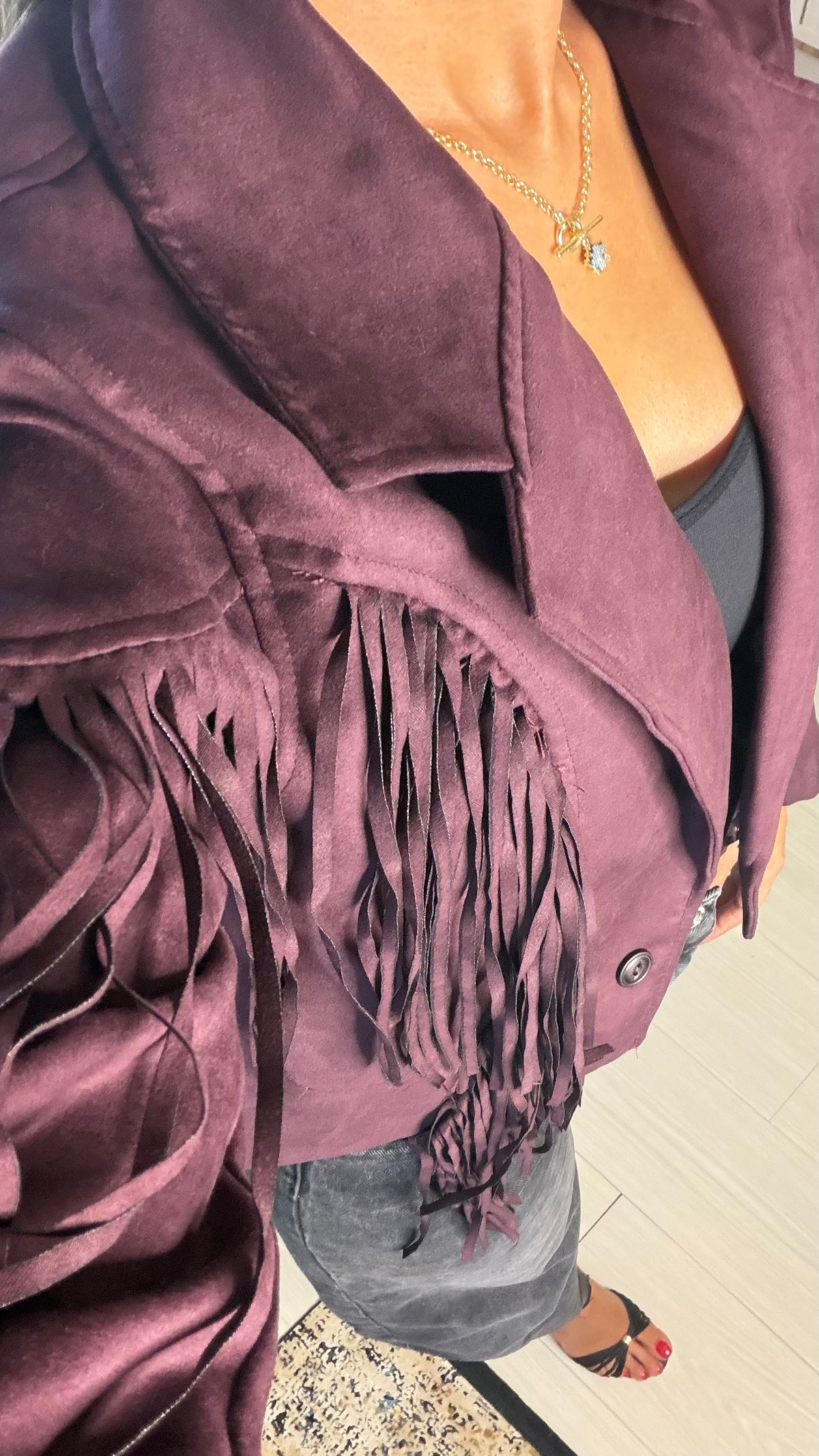 Bordo Western Püsküllü Süet Ceket