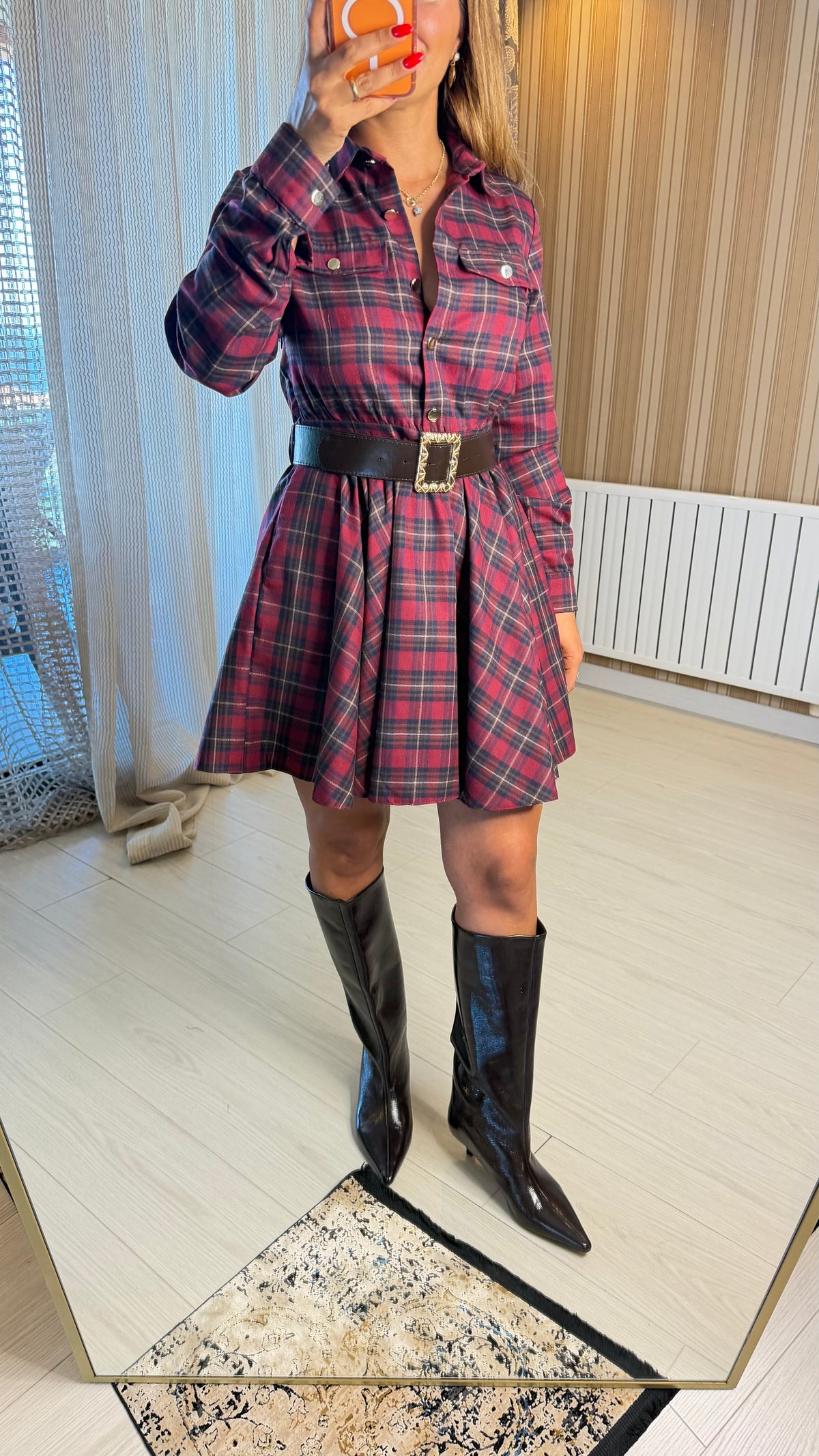 Bordeaux Ekose Kemerli Mini Elbise