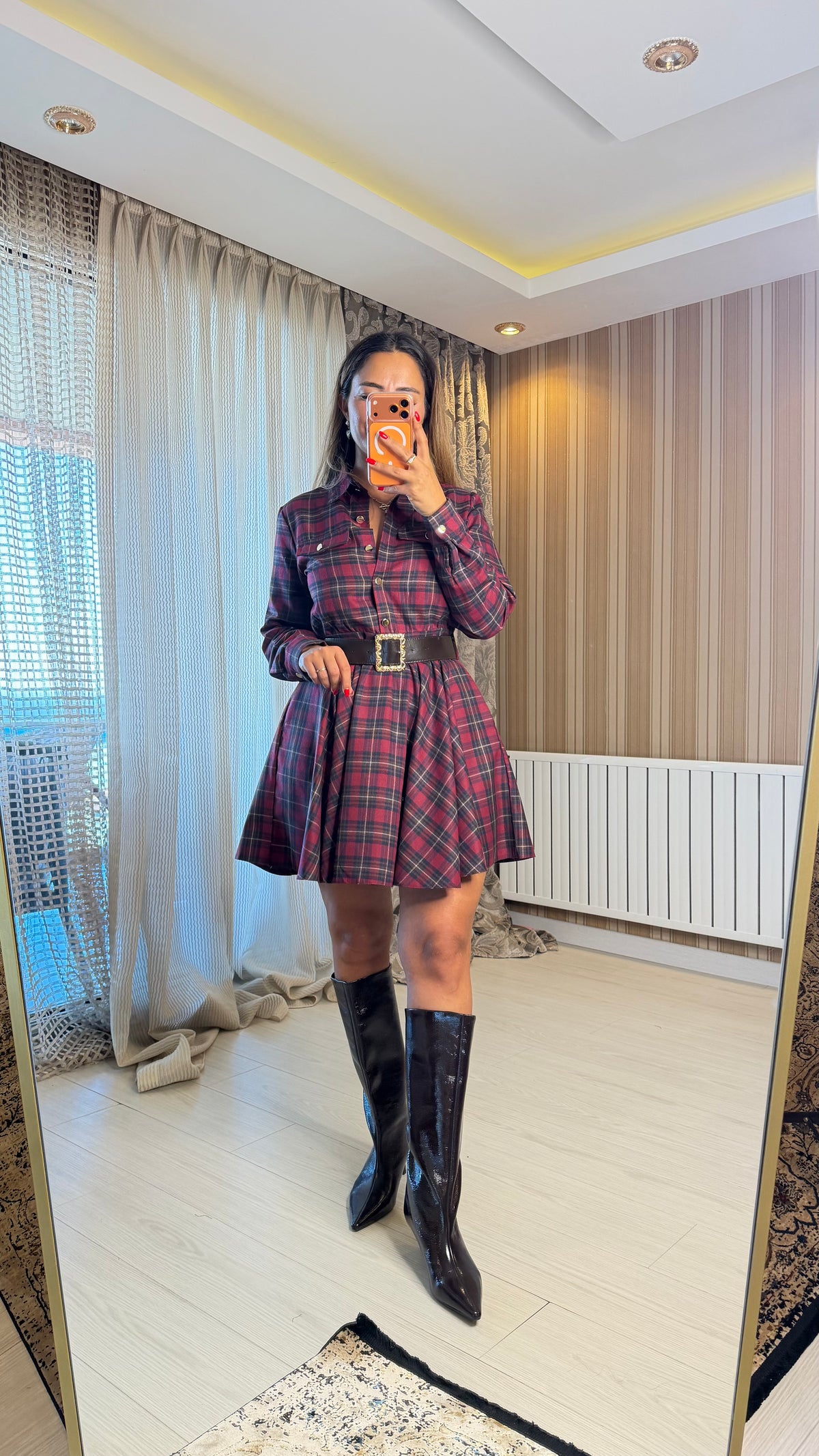 Bordeaux Ekose Kemerli Mini Elbise