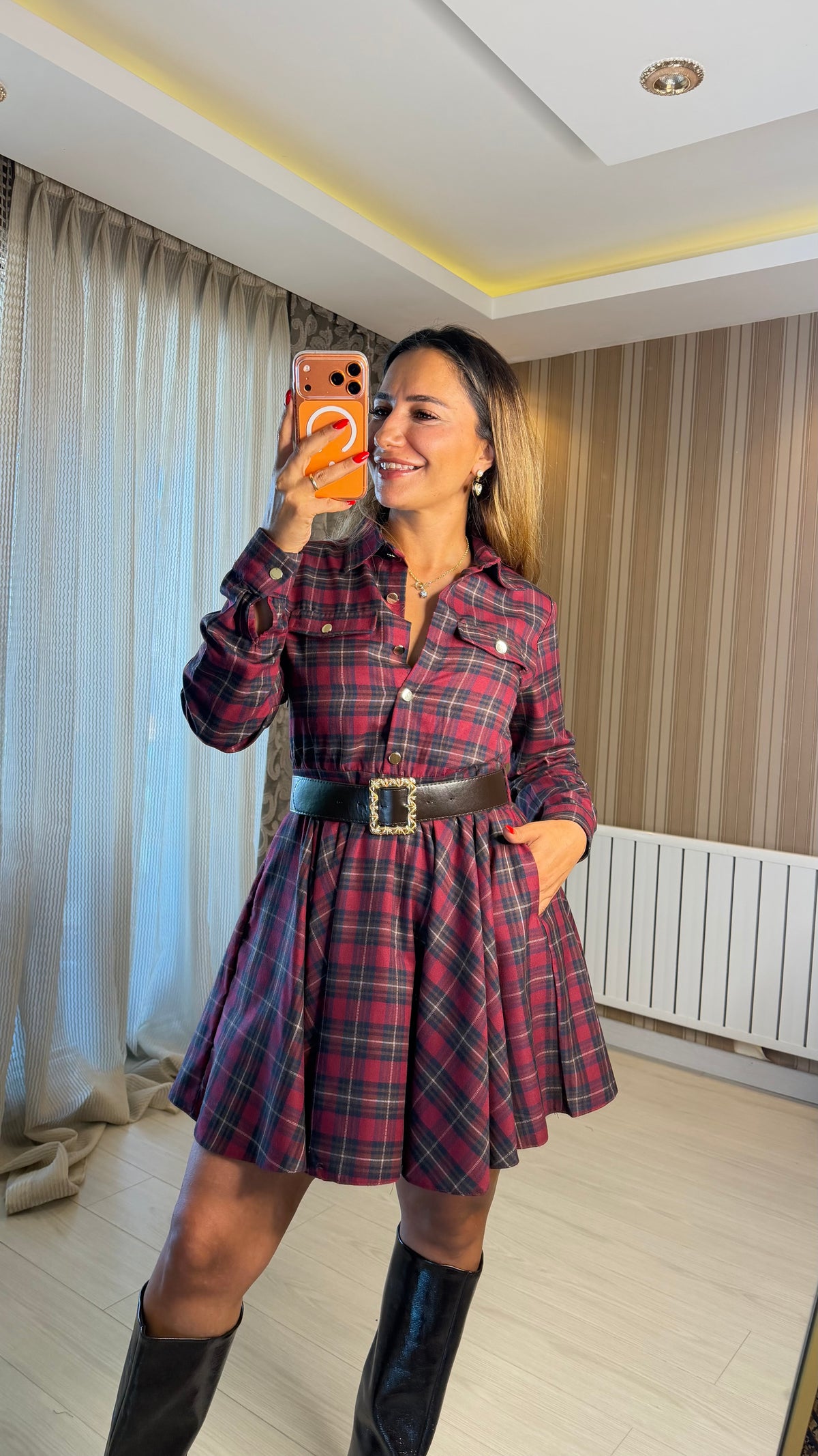 Bordeaux Ekose Kemerli Mini Elbise