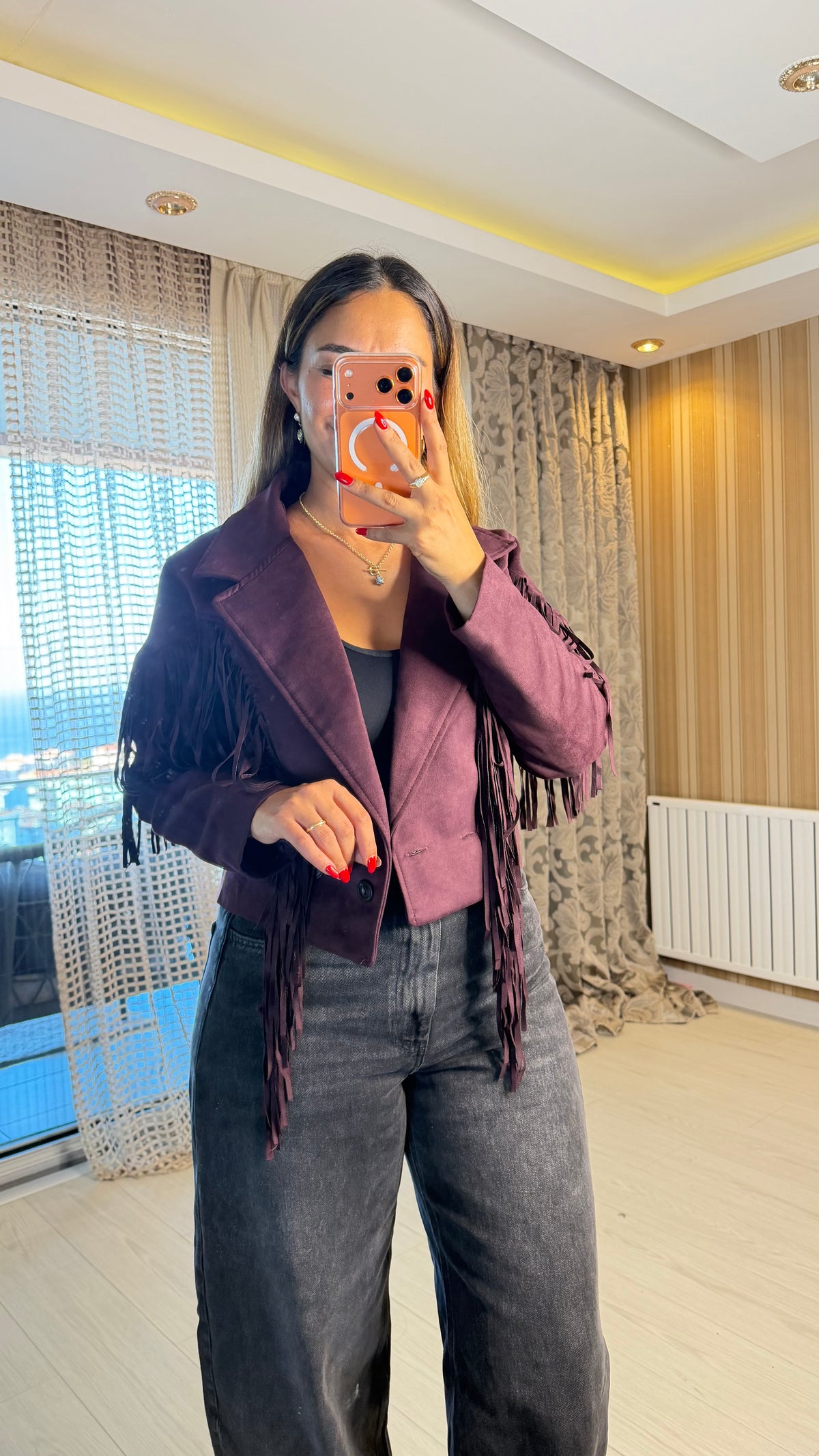 Bordo Western Püsküllü Süet Ceket
