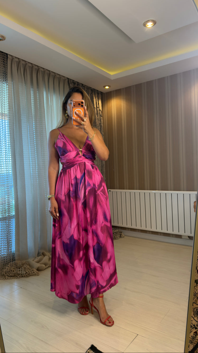 Aurora Fuşya Sırt Dekolteli Elbise