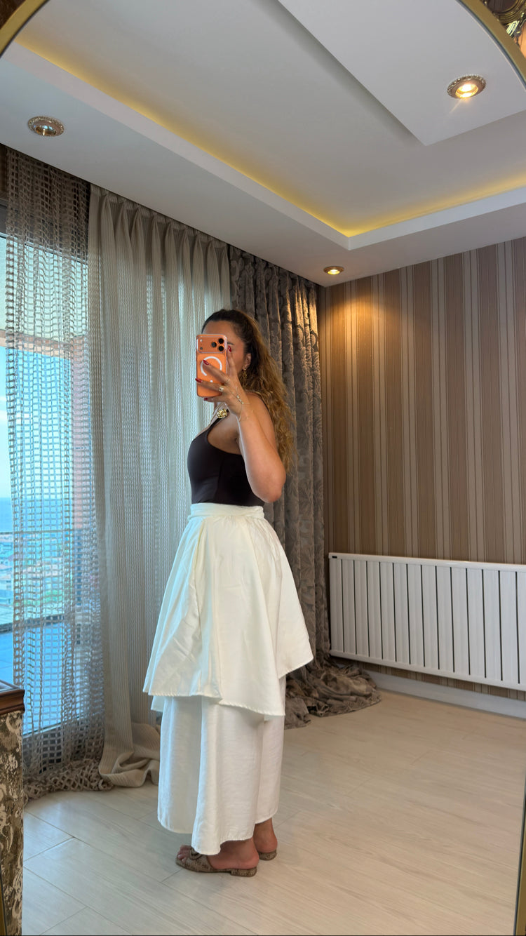 Ekru Asimetrik Katlı Pantolon Etek